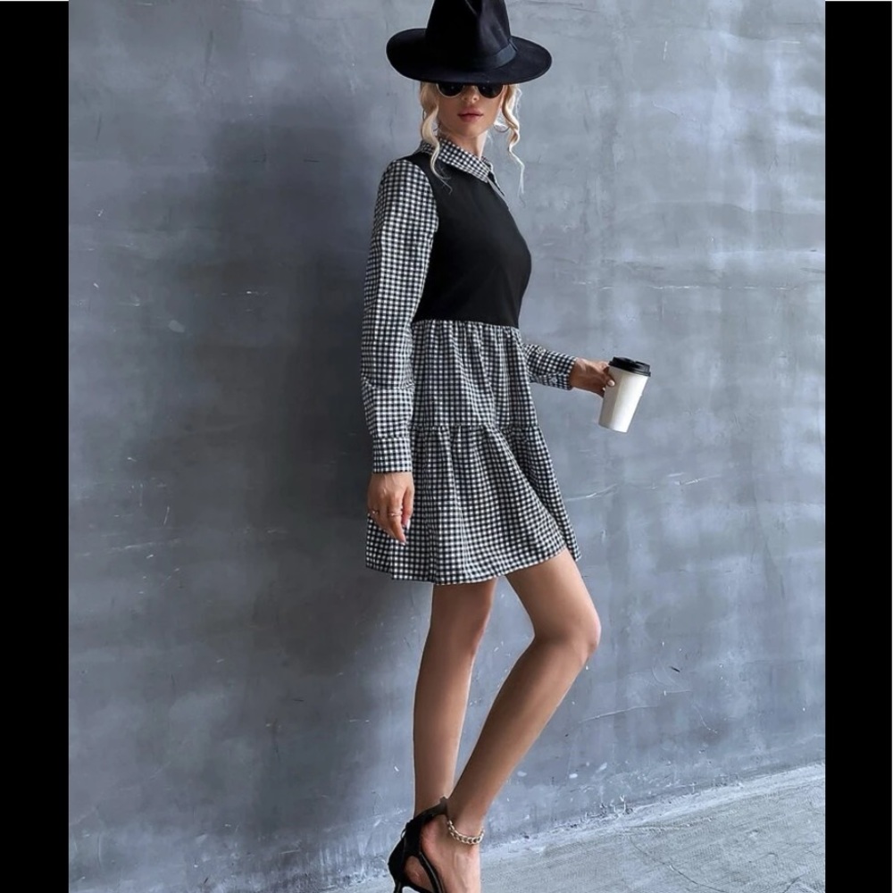 Gingham print ruffle hem dress